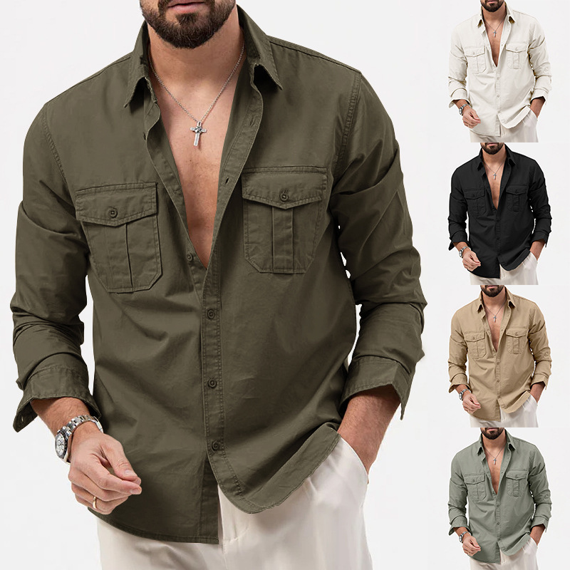 Men's Shirt Double Pocket Casual Long Sleeve Top