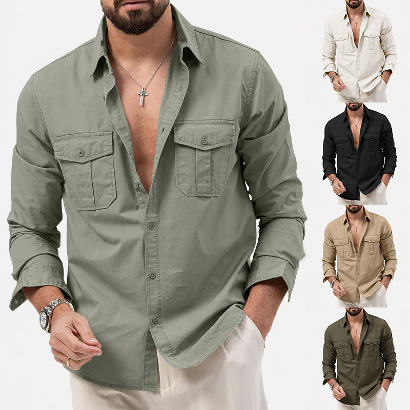 Men's Shirt Double Pocket Casual Long Sleeve Top