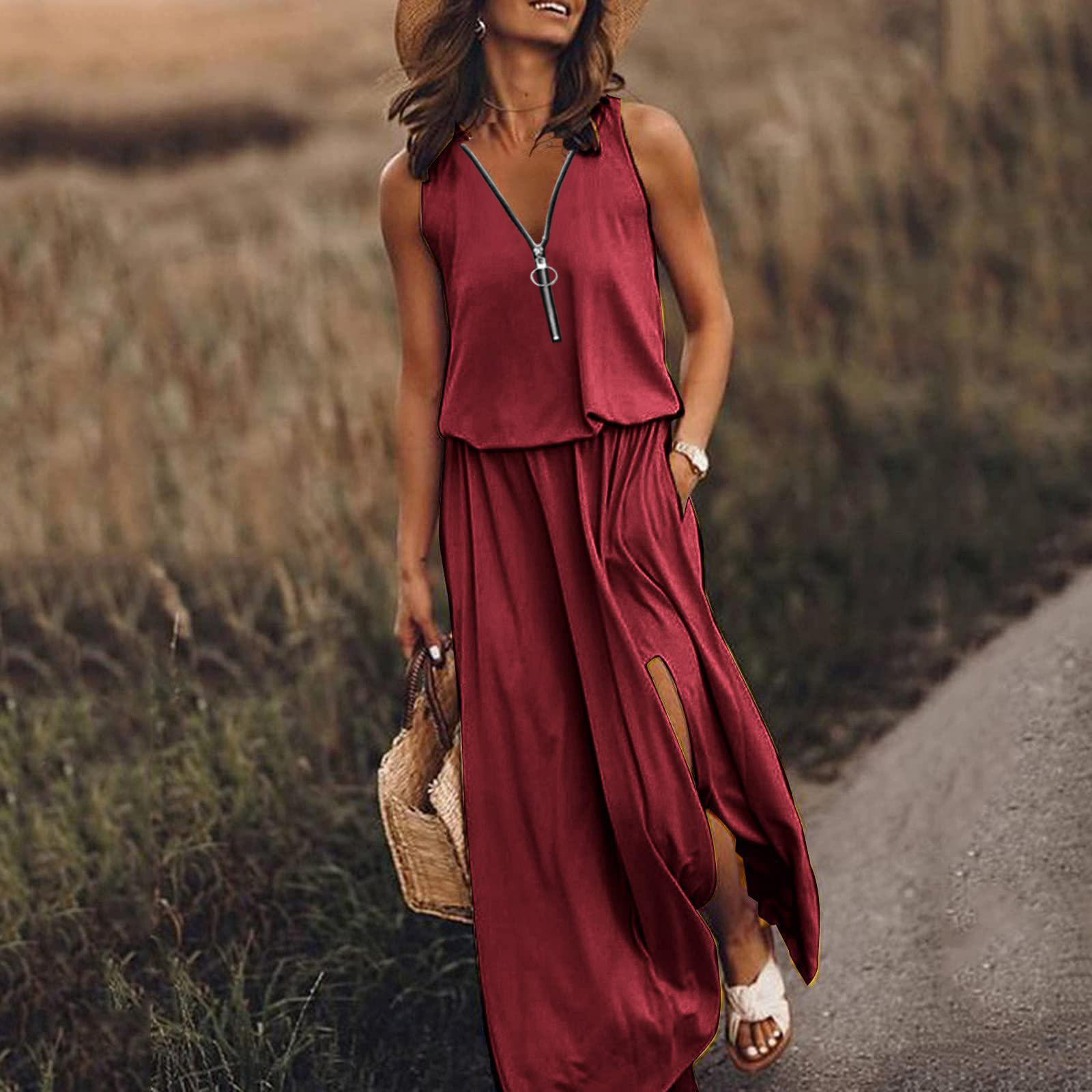 ❤Summer sleeveless dress casual high waist zipper skirt💥Limited Sale 50% OFF