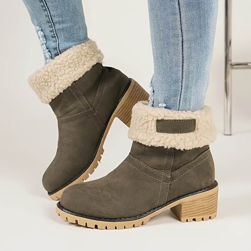 Women's Chunky Heel Slip-On Plush Lined Ankle Boots