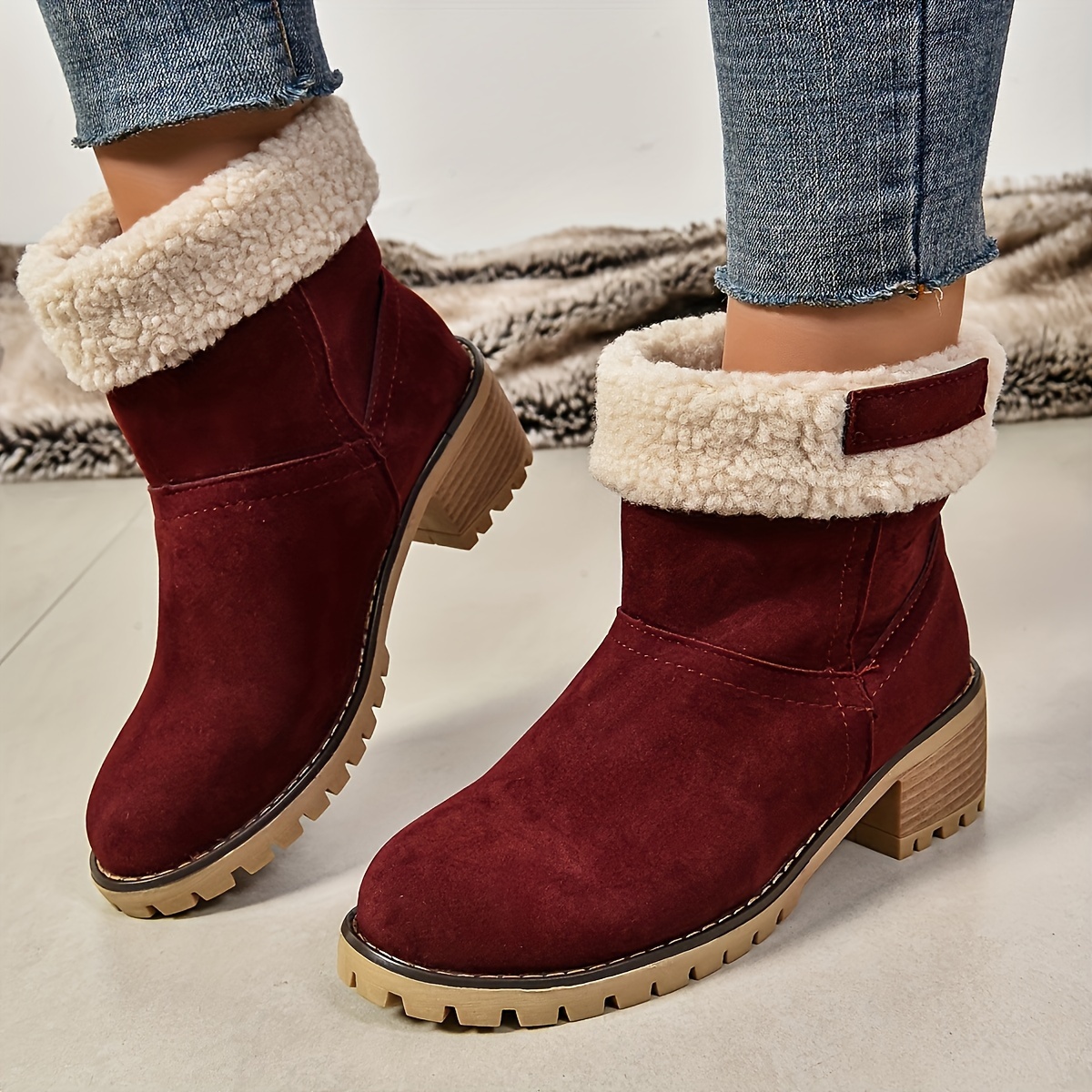 Women's Chunky Heel Slip-On Plush Lined Ankle Boots