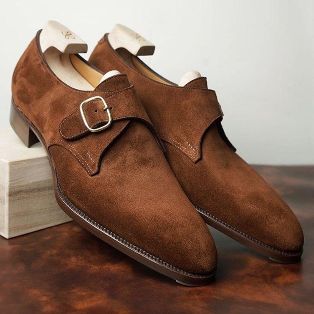 Handmade brown men's classic suede monk shoes-Zittor