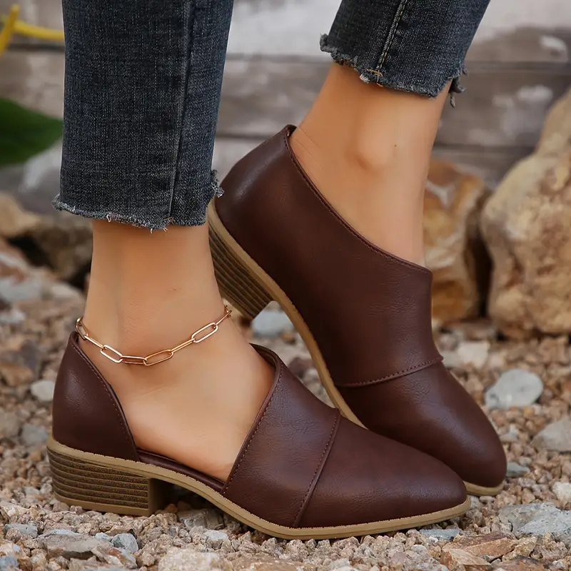 womens solid color chunky heel short boots fashion point toe dress shoes comfortable ankle boots details 4