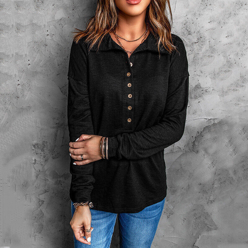 Womens Long Sleeve Knitted Jumper Tops Ladies Casual Baggy Plain Button T Shirt