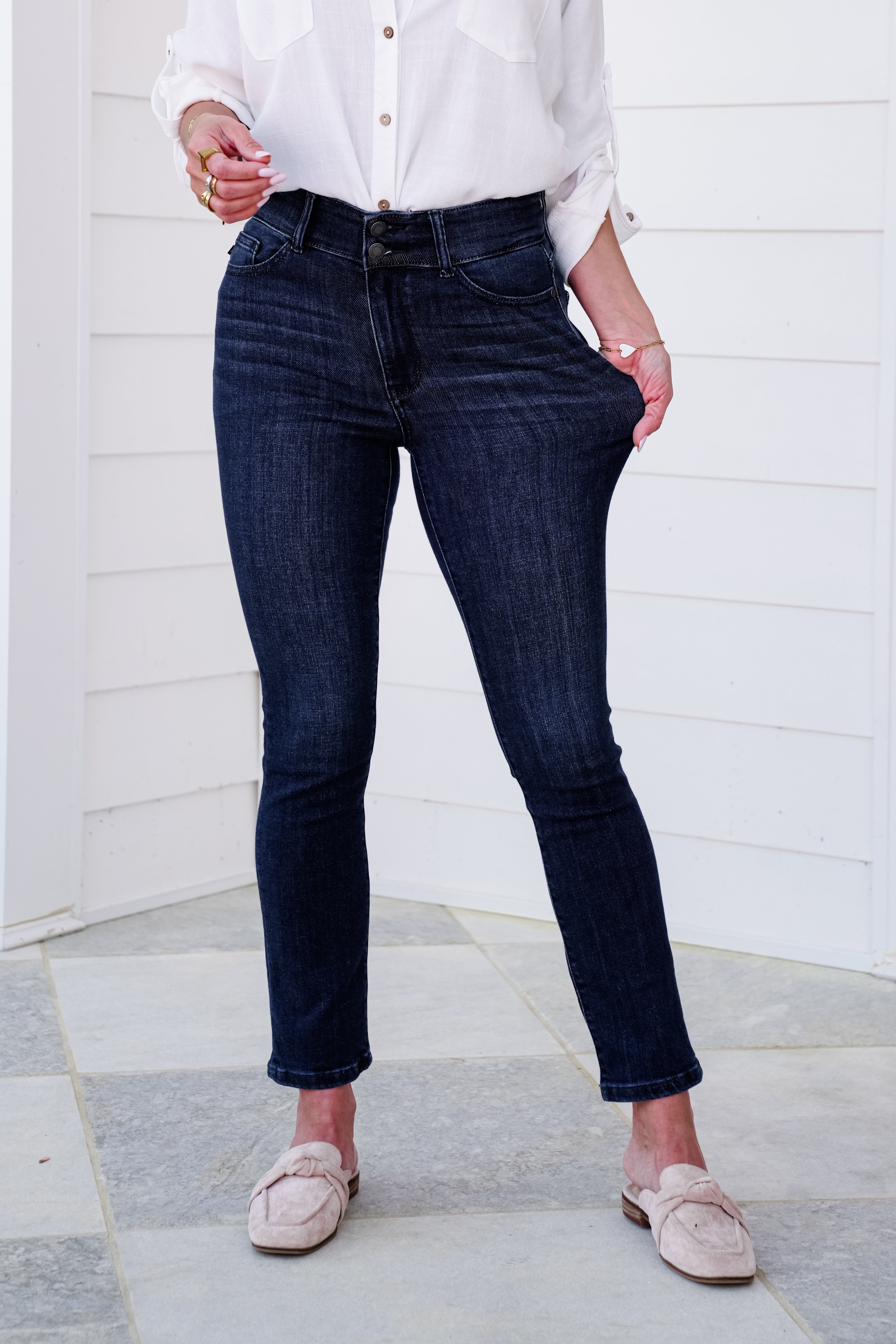 High Rise Dark Wash Double Waist Band Capri