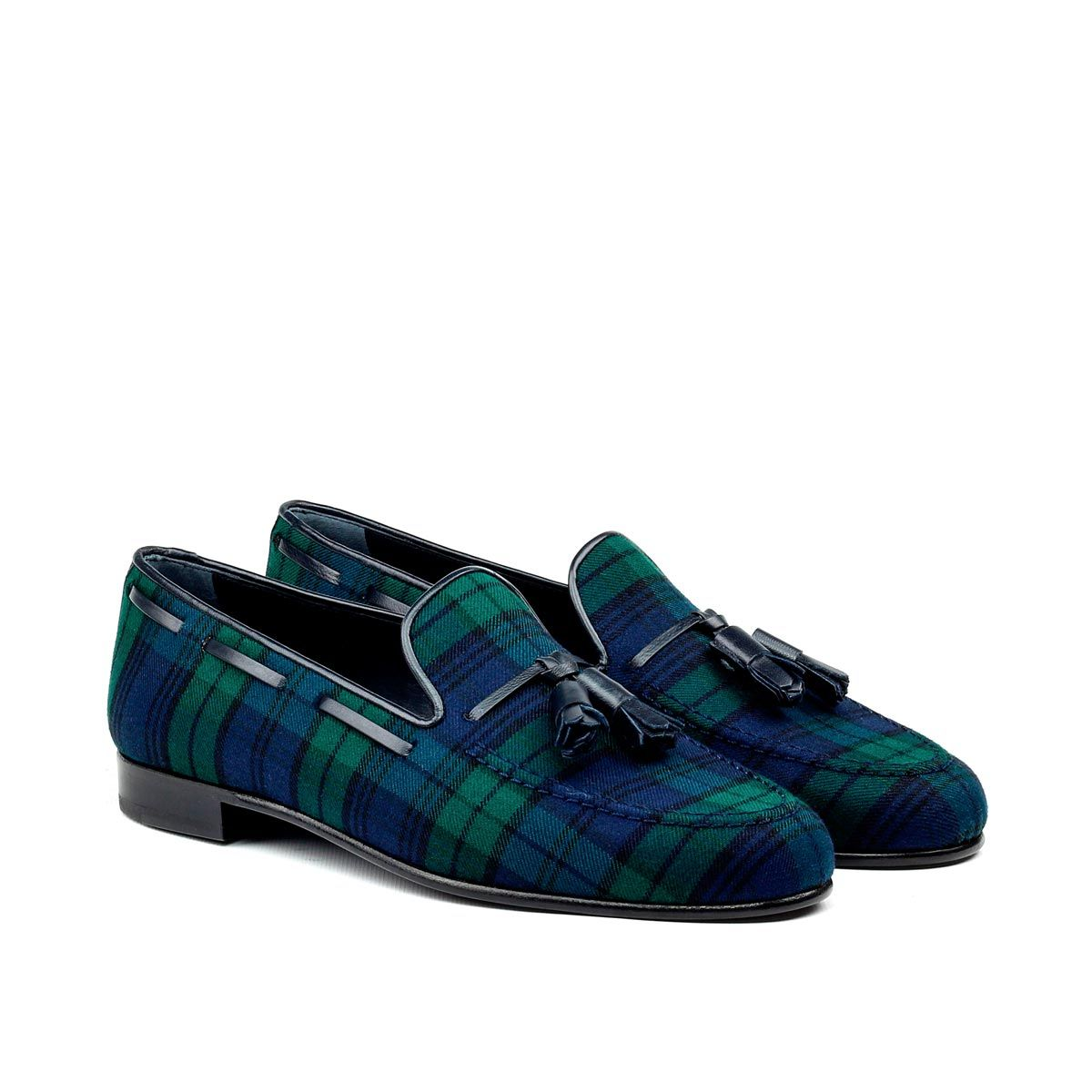 Blue and Green Check Pattern Tassel Slipon Loafers-Zittor