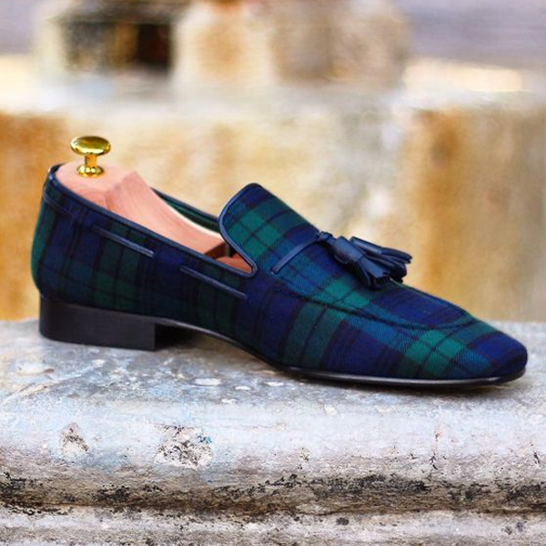 Blue and Green Check Pattern Tassel Slipon Loafers-Zittor