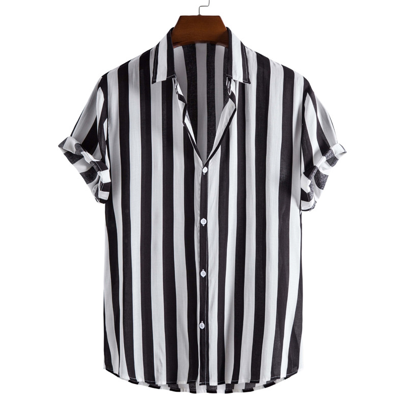 Men's Fashion Striped Contrast Loose Short Sleeve Lapel Shirt