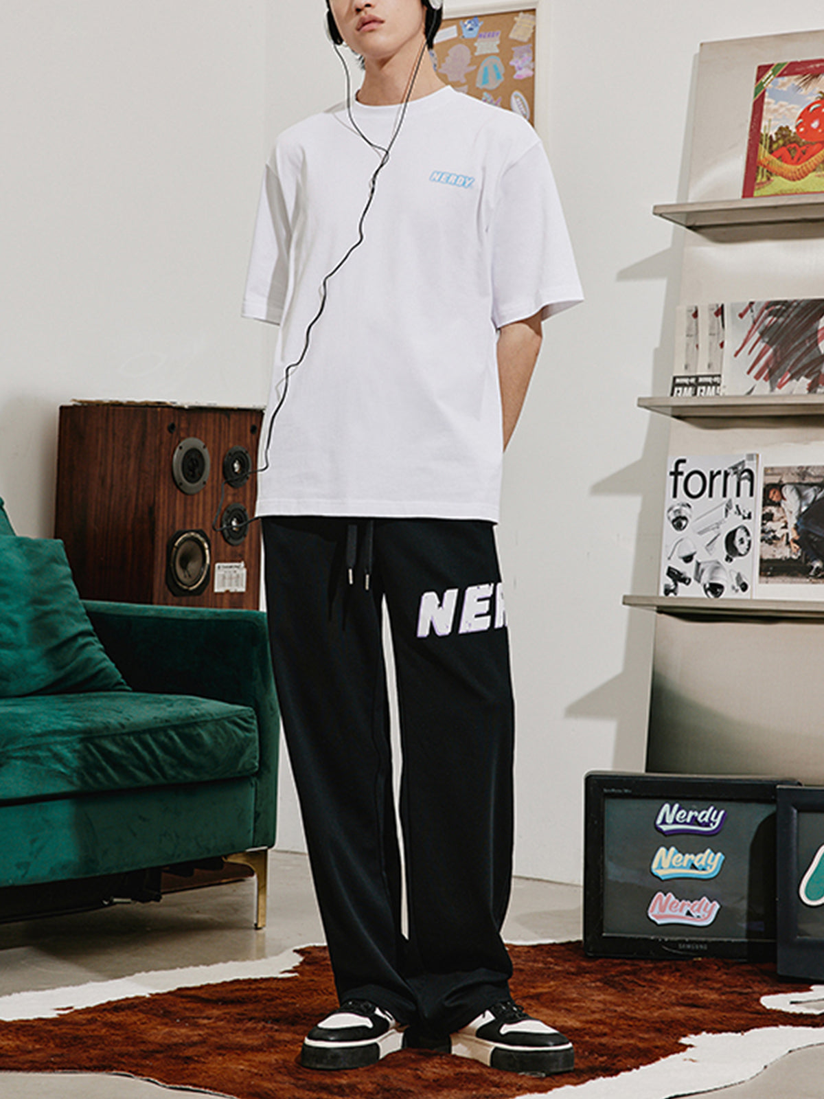 NERDY Logo Print Loose Straight Sports Pants-Zittor