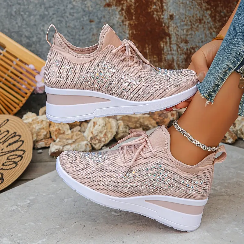 Women's Glittery Rhinestone Fashion Breathable Wedge Sneakers