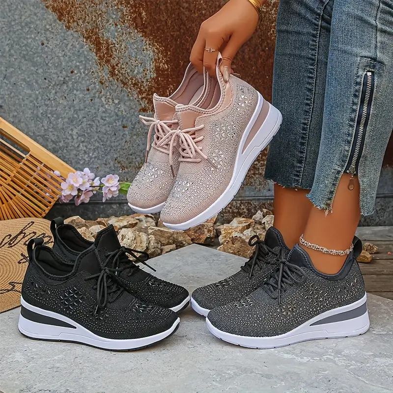 Women's Glittery Rhinestone Fashion Breathable Wedge Sneakers