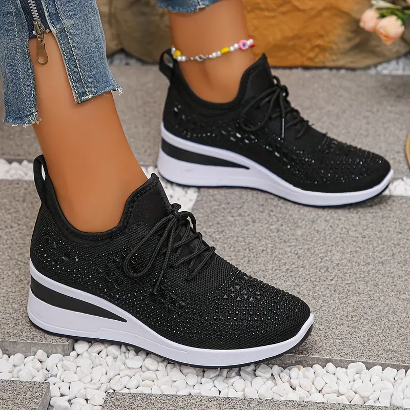 Women's Glittery Rhinestone Fashion Breathable Wedge Sneakers