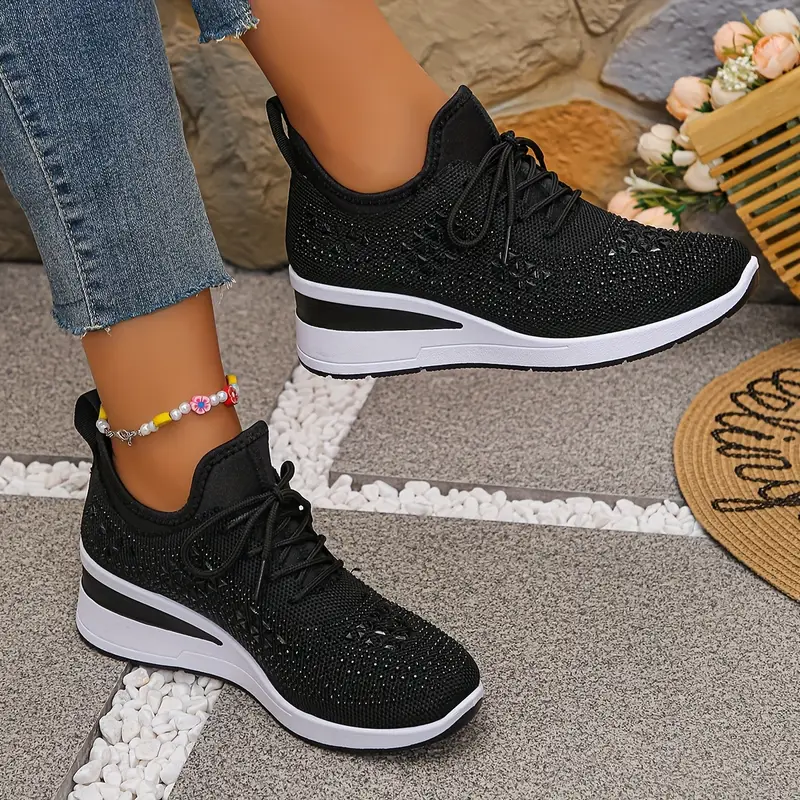 Women's Glittery Rhinestone Fashion Breathable Wedge Sneakers
