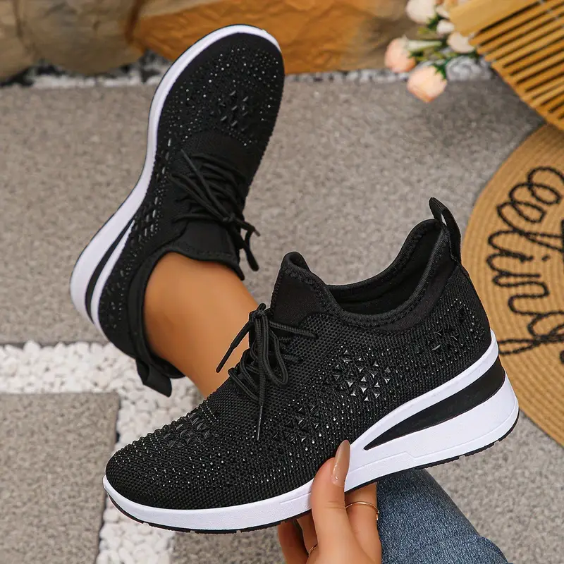 Women's Glittery Rhinestone Fashion Breathable Wedge Sneakers