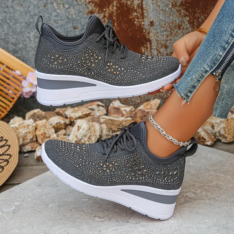 Women's Glittery Rhinestone Fashion Breathable Wedge Sneakers