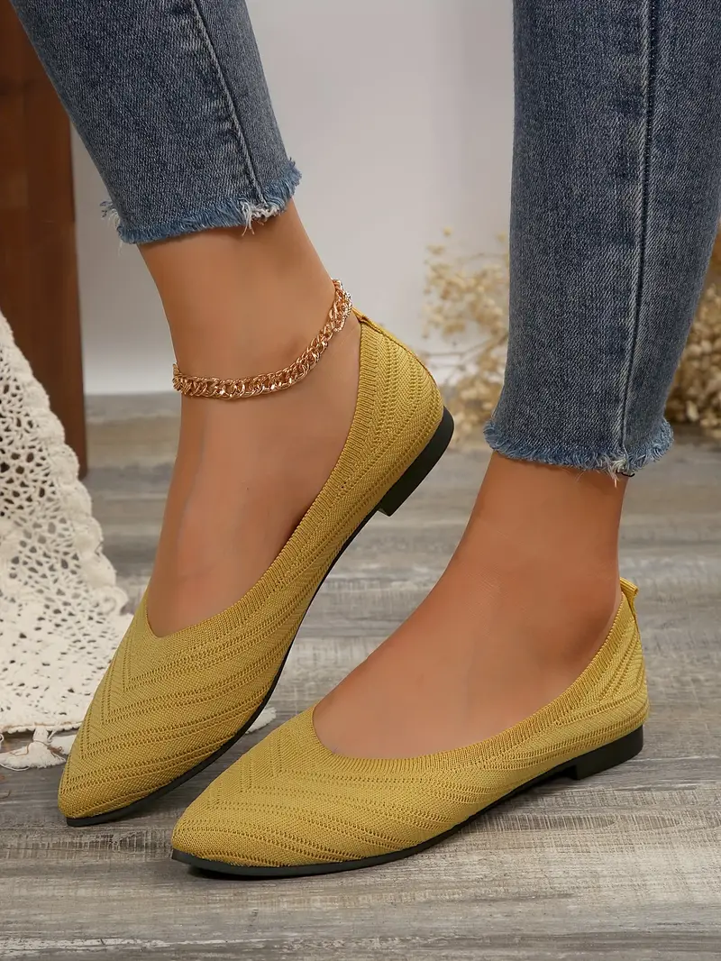 womens pointed toe flat shoes solid color knitted slip on shoes casual breathable ballet flats details 13