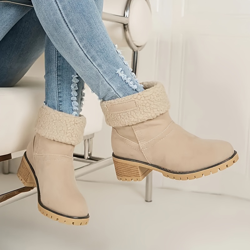 Women's Chunky Heel Slip-On Plush Lined Ankle Boots