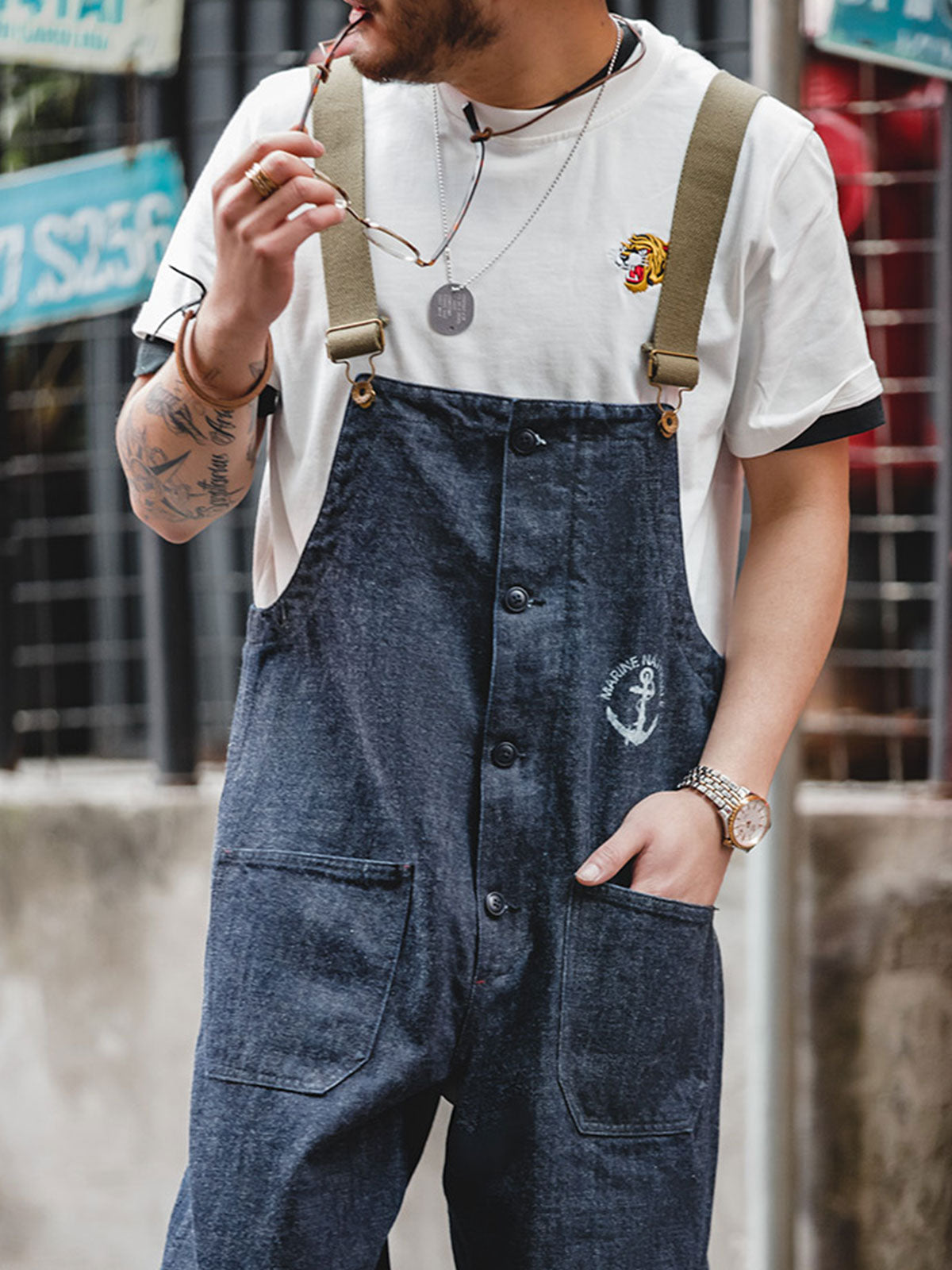 M's Washed Straight Buttoned Denim Overalls-Zittor
