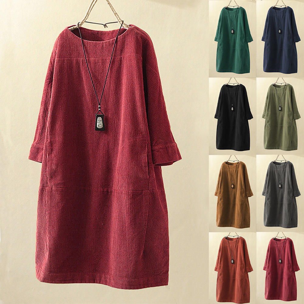 Women's round neck A-line skirt dress casual Cross-border