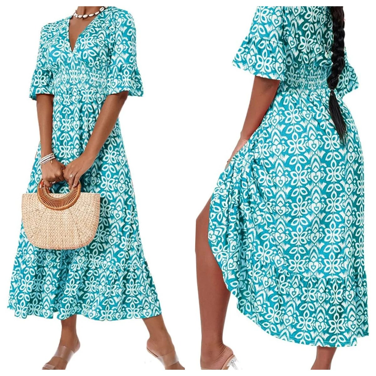 🌸 💞Casual Printed V-Neck Long Dress