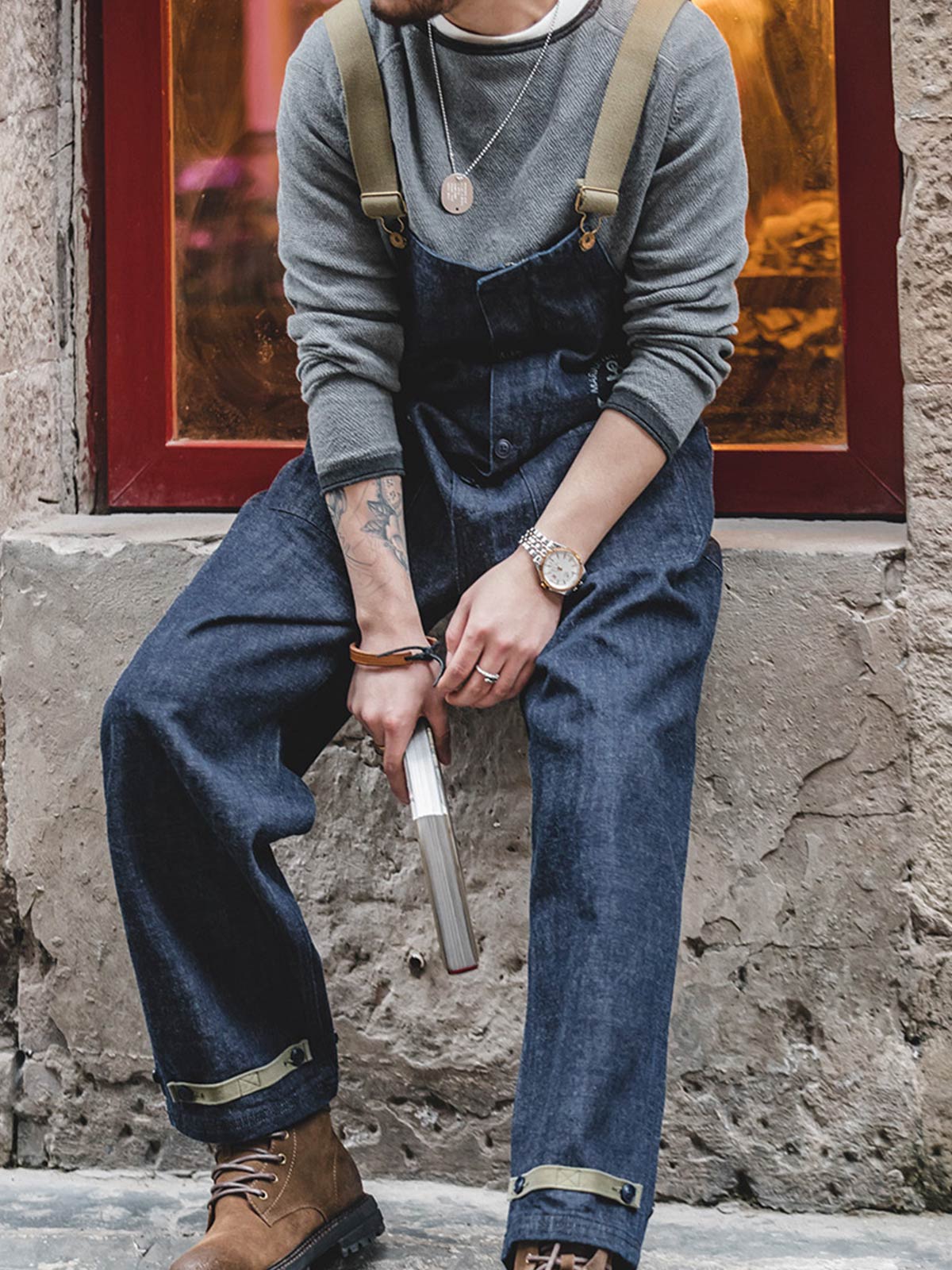 M's Washed Straight Buttoned Denim Overalls-Zittor