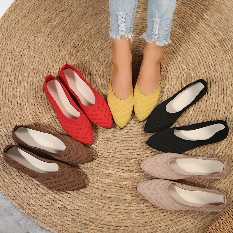 womens pointed toe flat shoes solid color knitted slip on shoes casual breathable ballet flats details 0