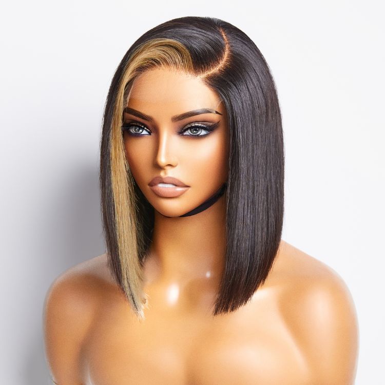 Blonde Highlight Bob With Bangs C Part Minimalist / 13x4 Frontal HD Lace Wig