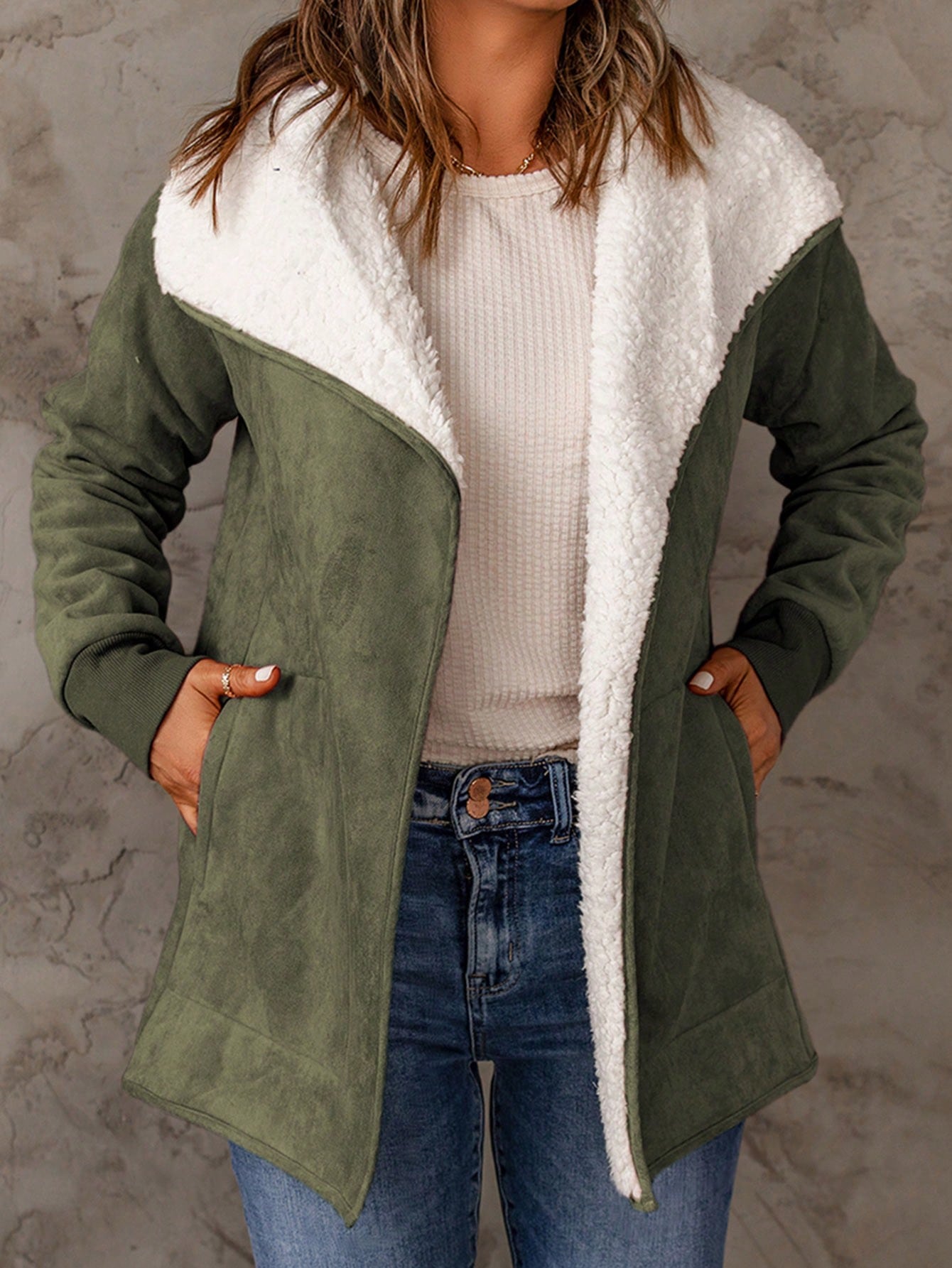 Acelitt Waterfall Collar Teddy Lined Slant Pocket Coat