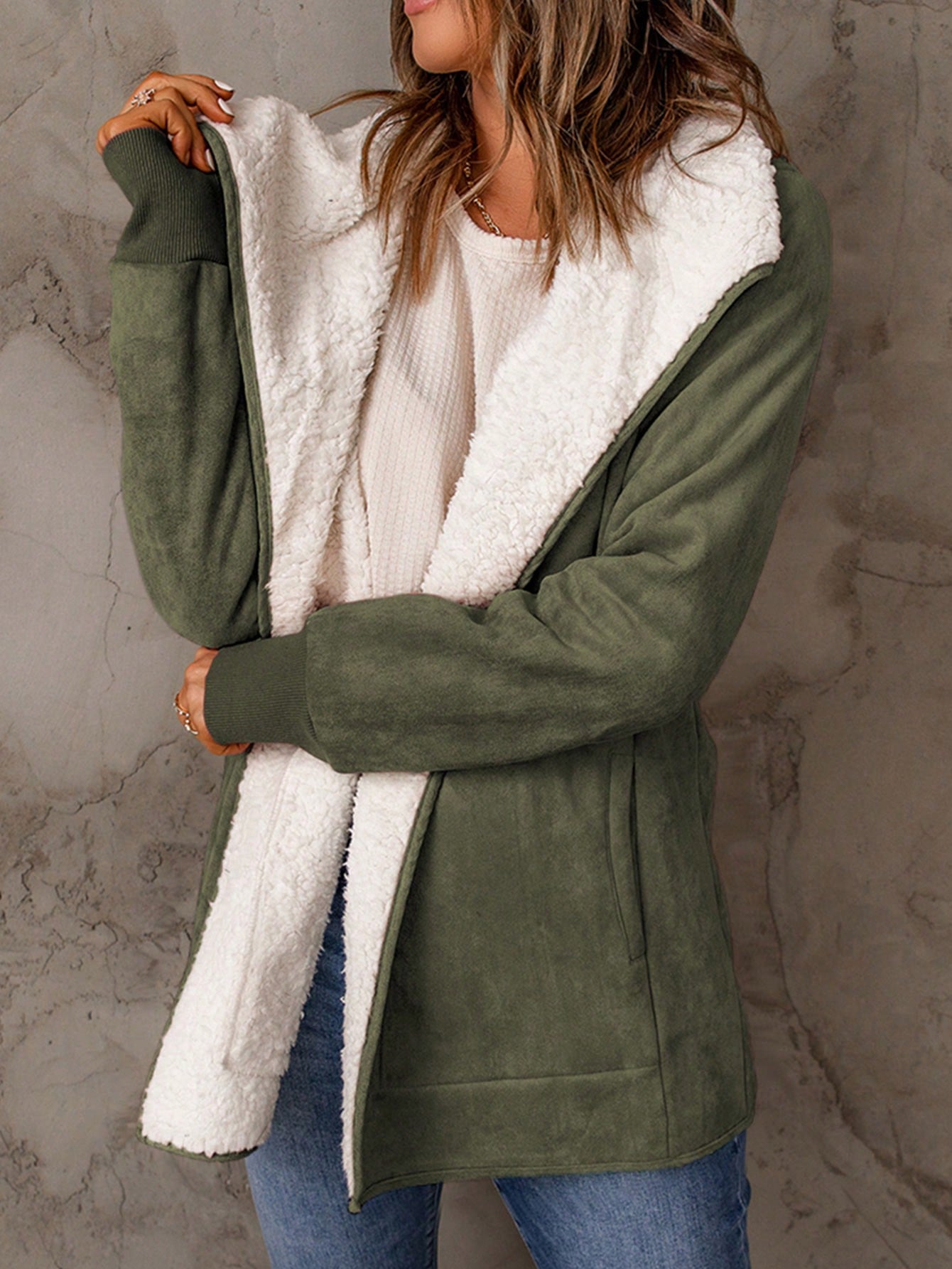 Acelitt Waterfall Collar Teddy Lined Slant Pocket Coat