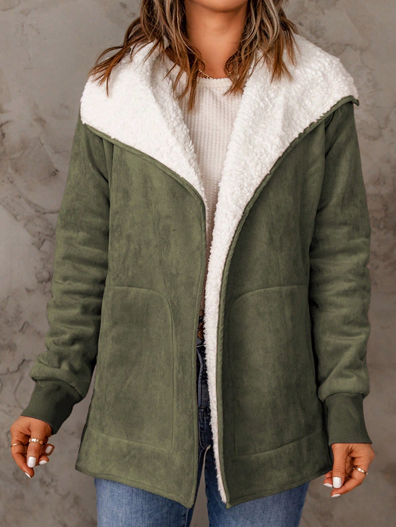 Acelitt Waterfall Collar Teddy Lined Slant Pocket Coat