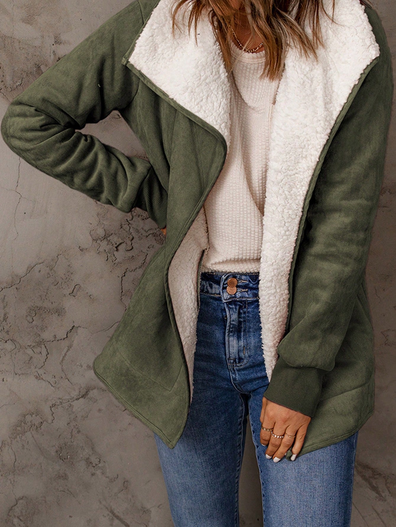 Acelitt Waterfall Collar Teddy Lined Slant Pocket Coat