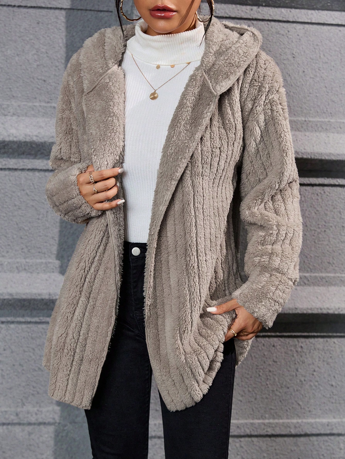 Drop Shoulder Hooded Open Front Flannel Coat