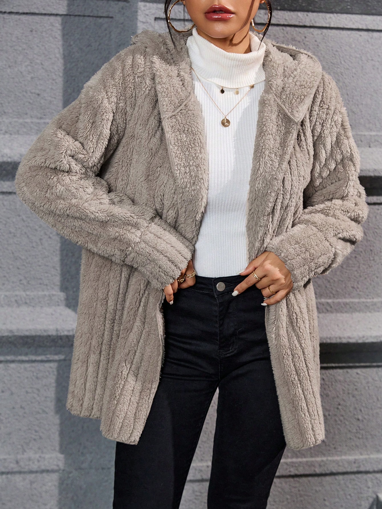 Drop Shoulder Hooded Open Front Flannel Coat