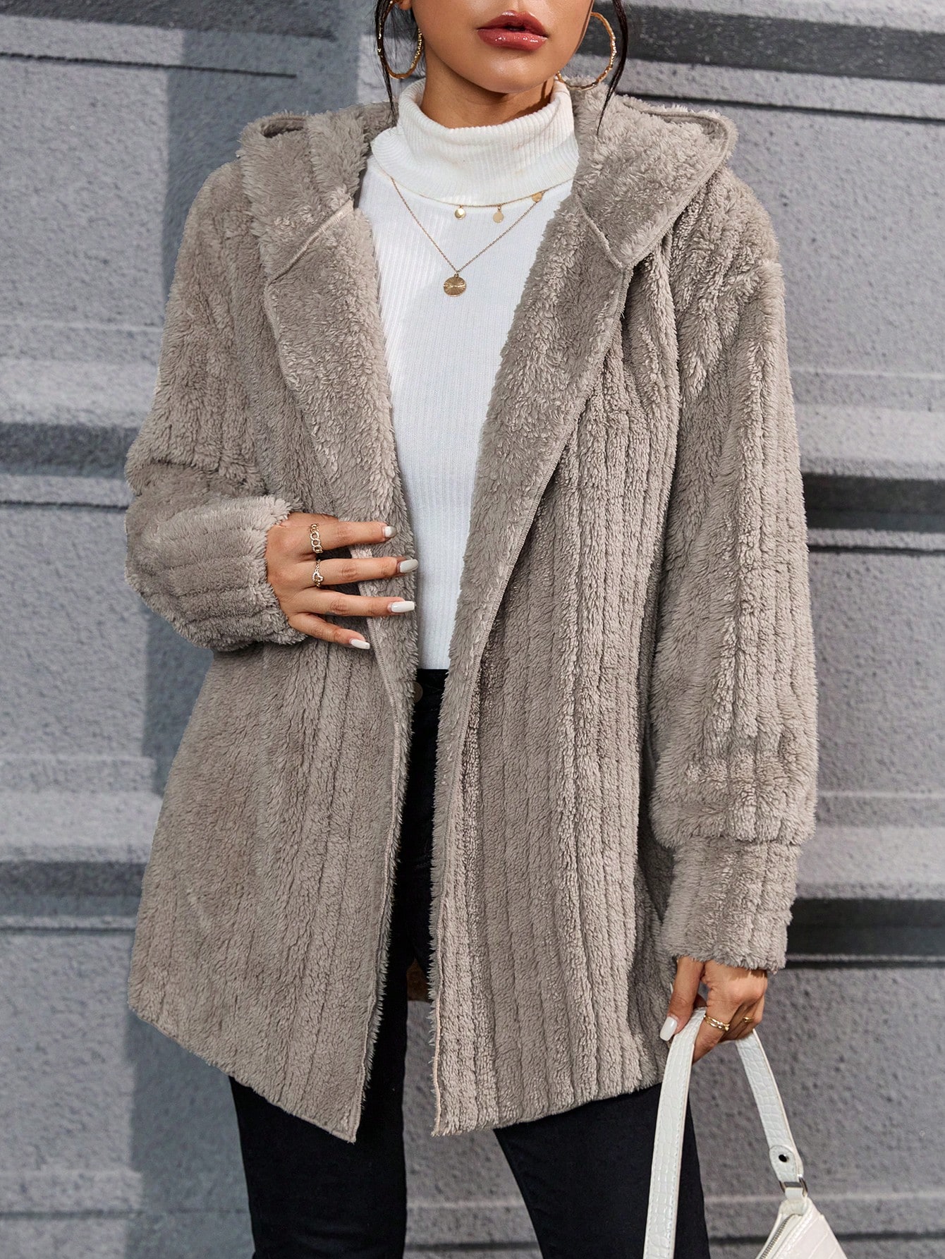 Drop Shoulder Hooded Open Front Flannel Coat