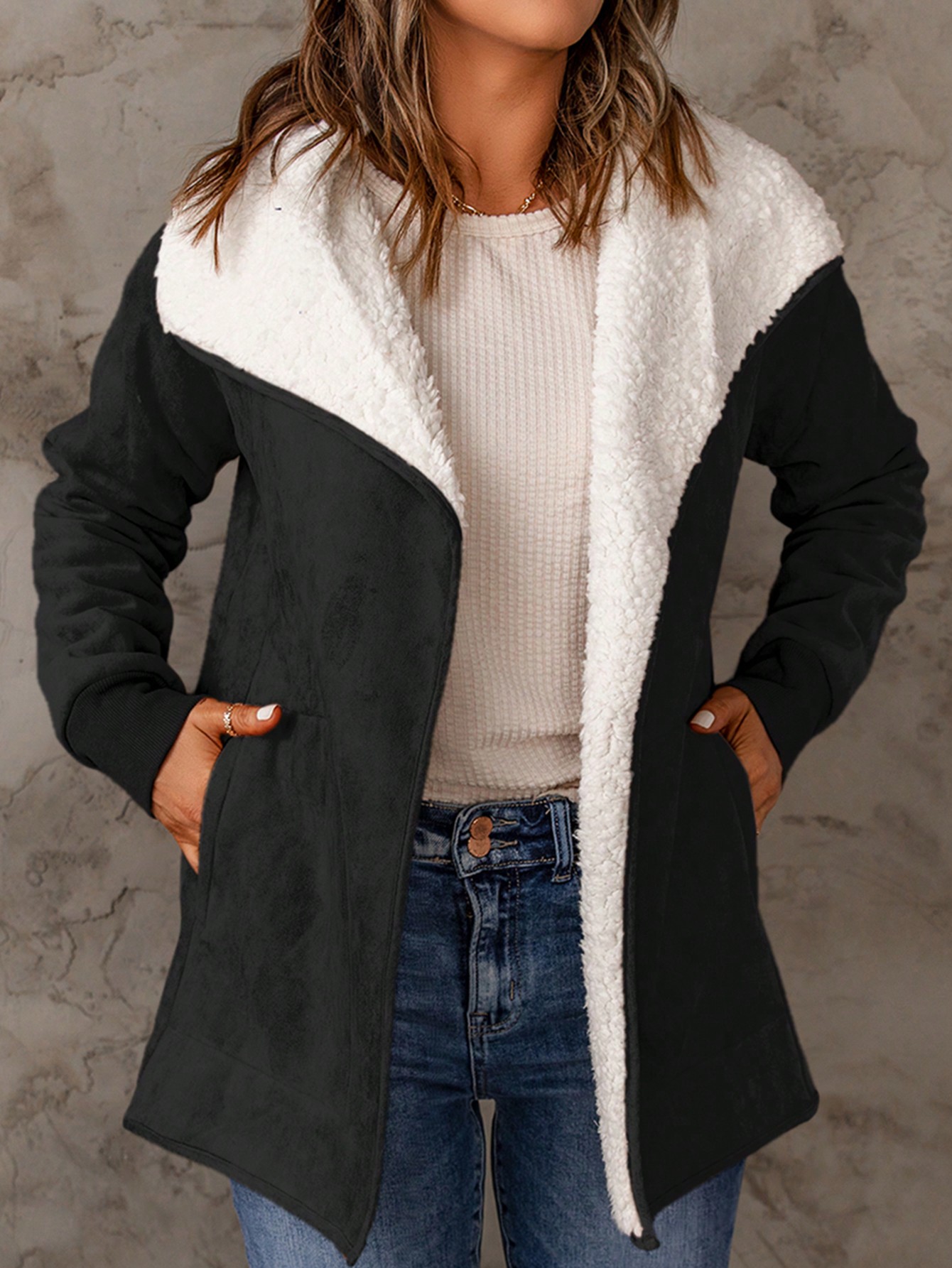 Acelitt Waterfall Collar Teddy Lined Slant Pocket Coat