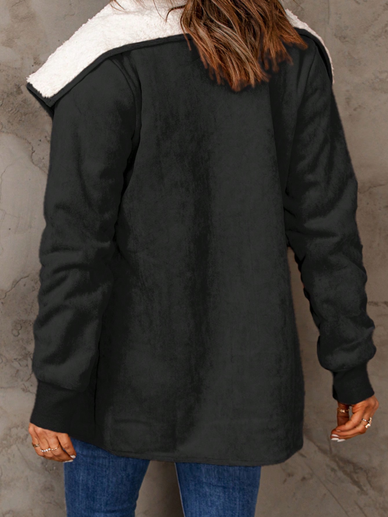 Acelitt Waterfall Collar Teddy Lined Slant Pocket Coat