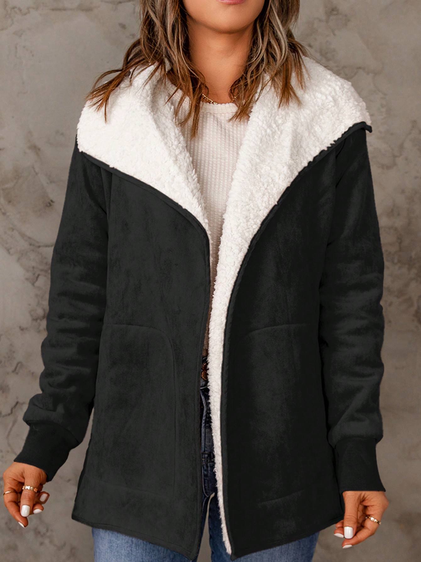 Acelitt Waterfall Collar Teddy Lined Slant Pocket Coat