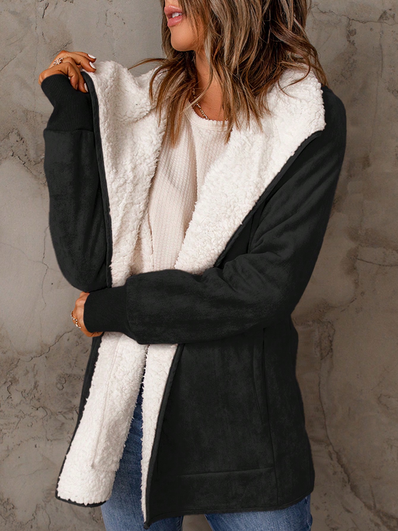 Acelitt Waterfall Collar Teddy Lined Slant Pocket Coat