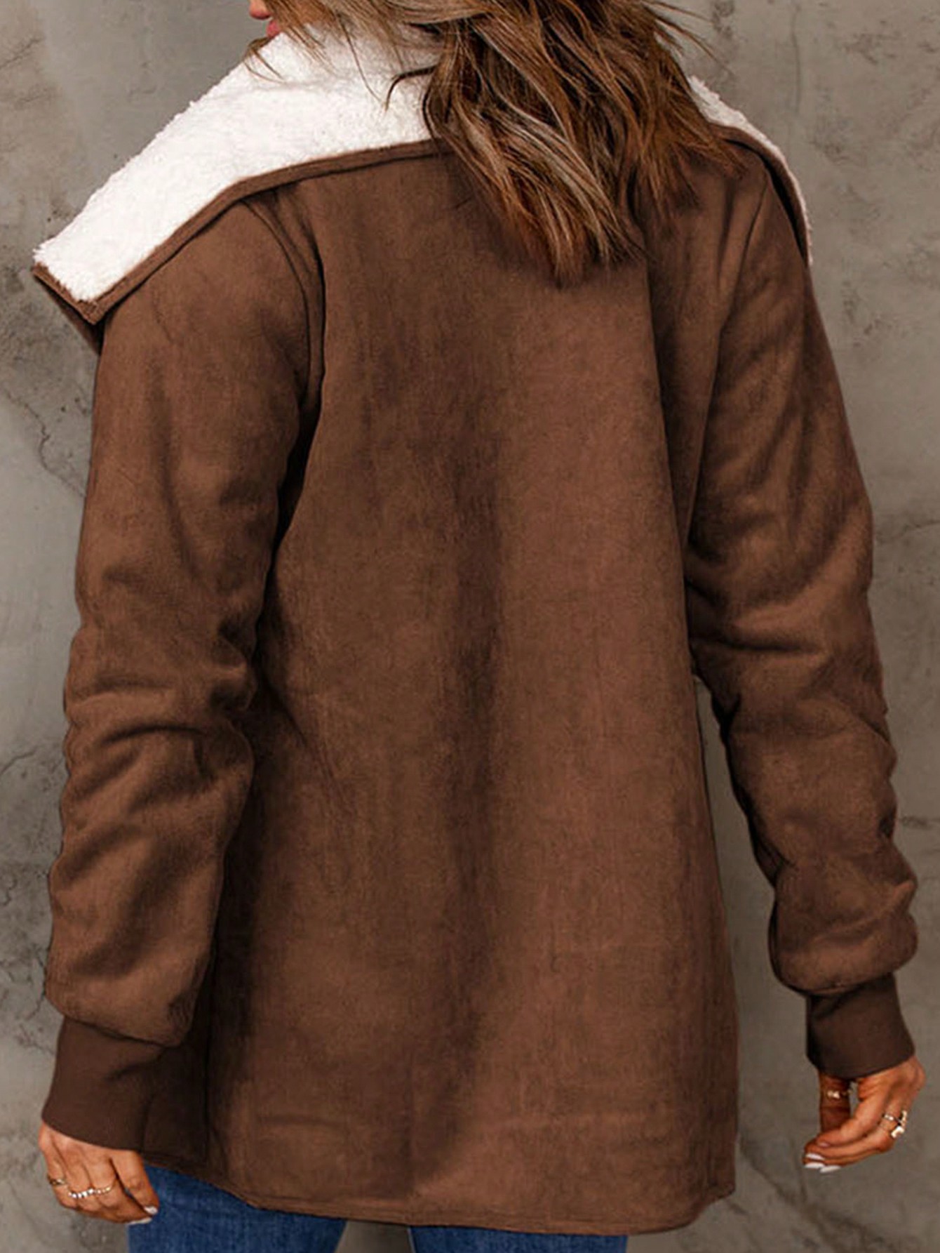 Acelitt Waterfall Collar Teddy Lined Slant Pocket Coat