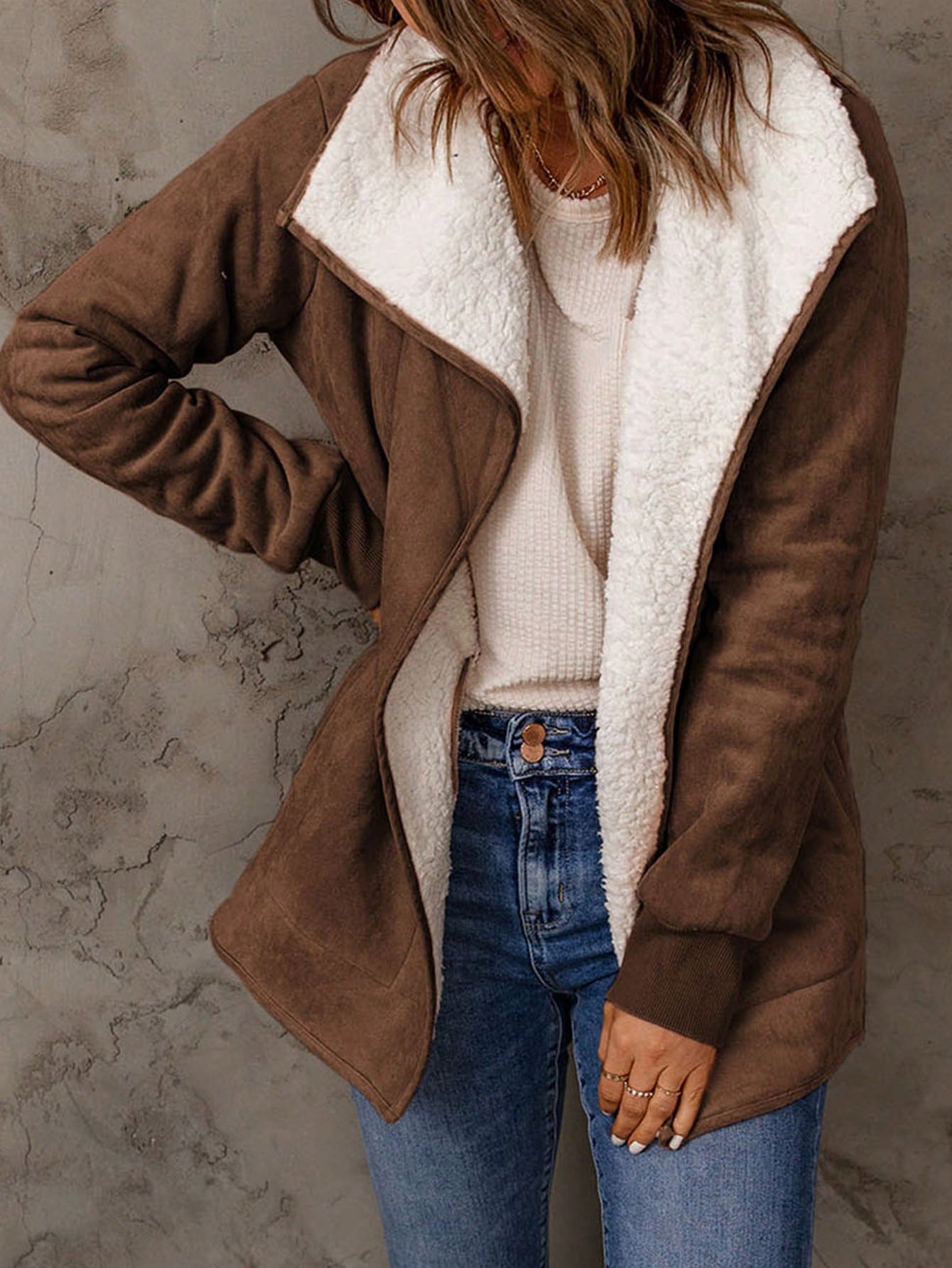 Acelitt Waterfall Collar Teddy Lined Slant Pocket Coat