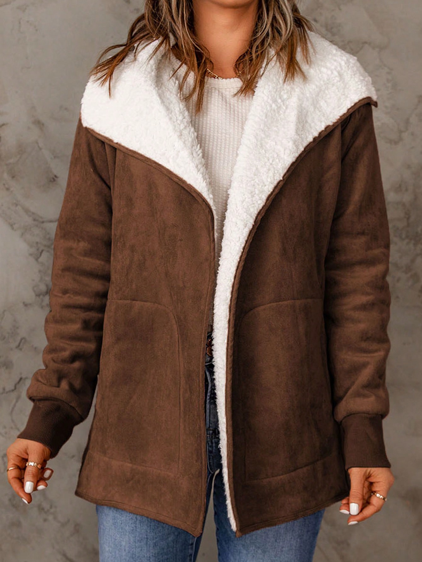 Acelitt Waterfall Collar Teddy Lined Slant Pocket Coat