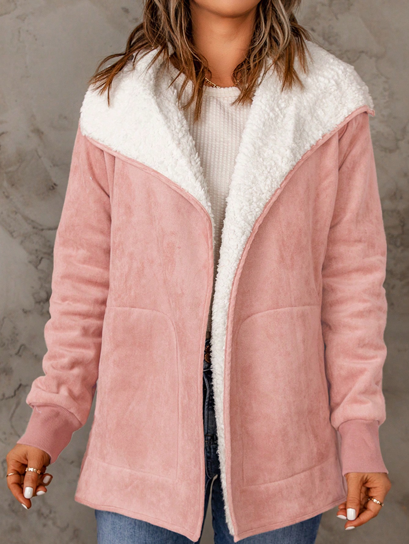 Acelitt Waterfall Collar Teddy Lined Slant Pocket Coat