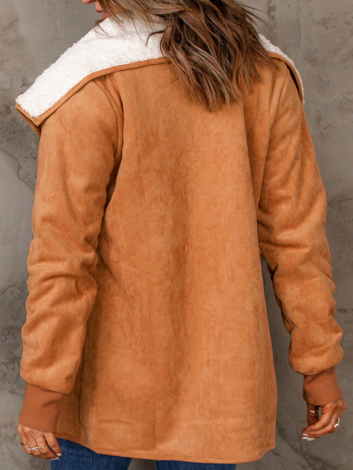 Acelitt Waterfall Collar Teddy Lined Slant Pocket Coat