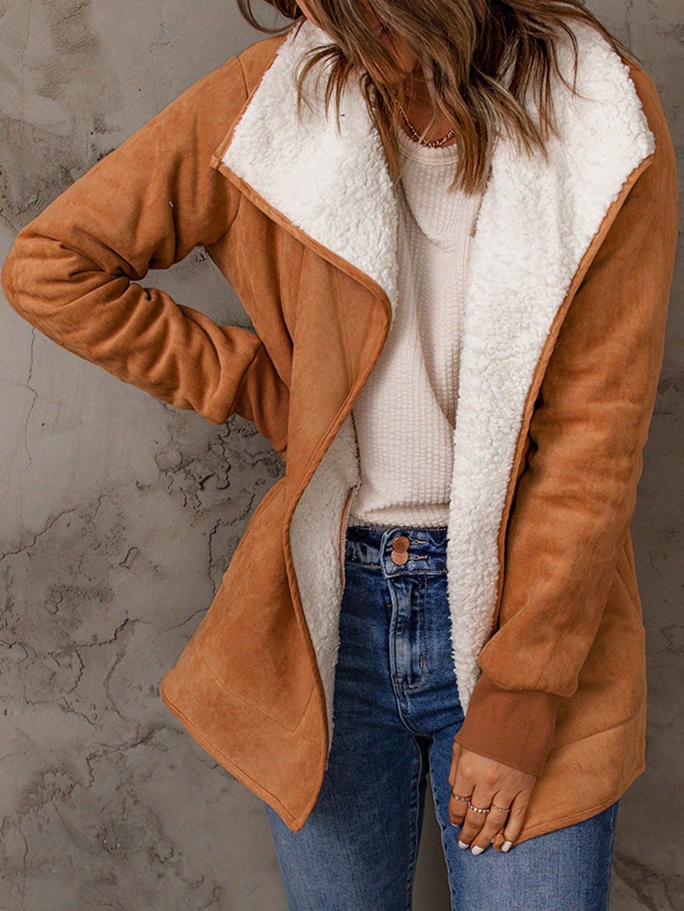 Acelitt Waterfall Collar Teddy Lined Slant Pocket Coat