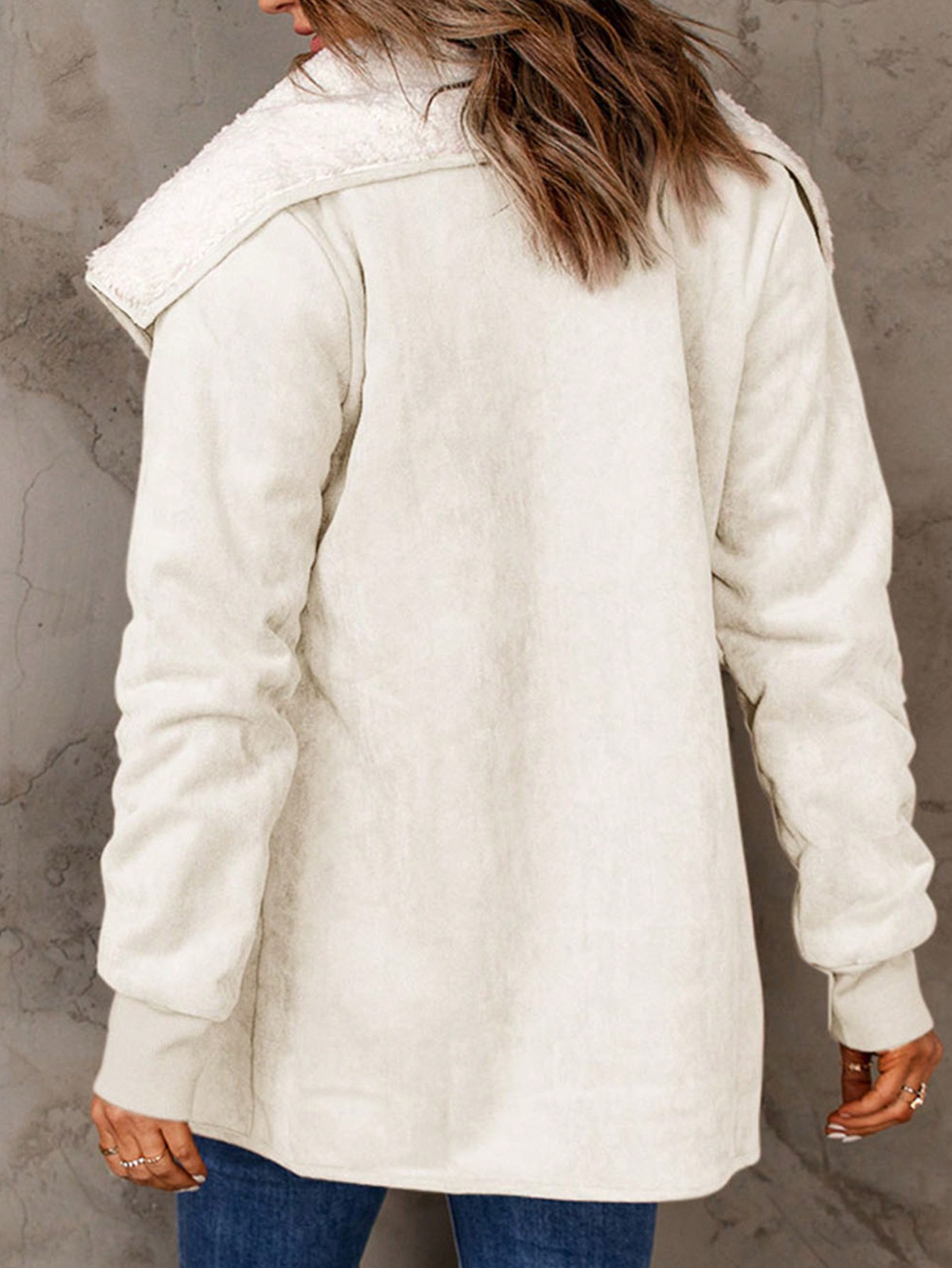 Acelitt Waterfall Collar Teddy Lined Slant Pocket Coat