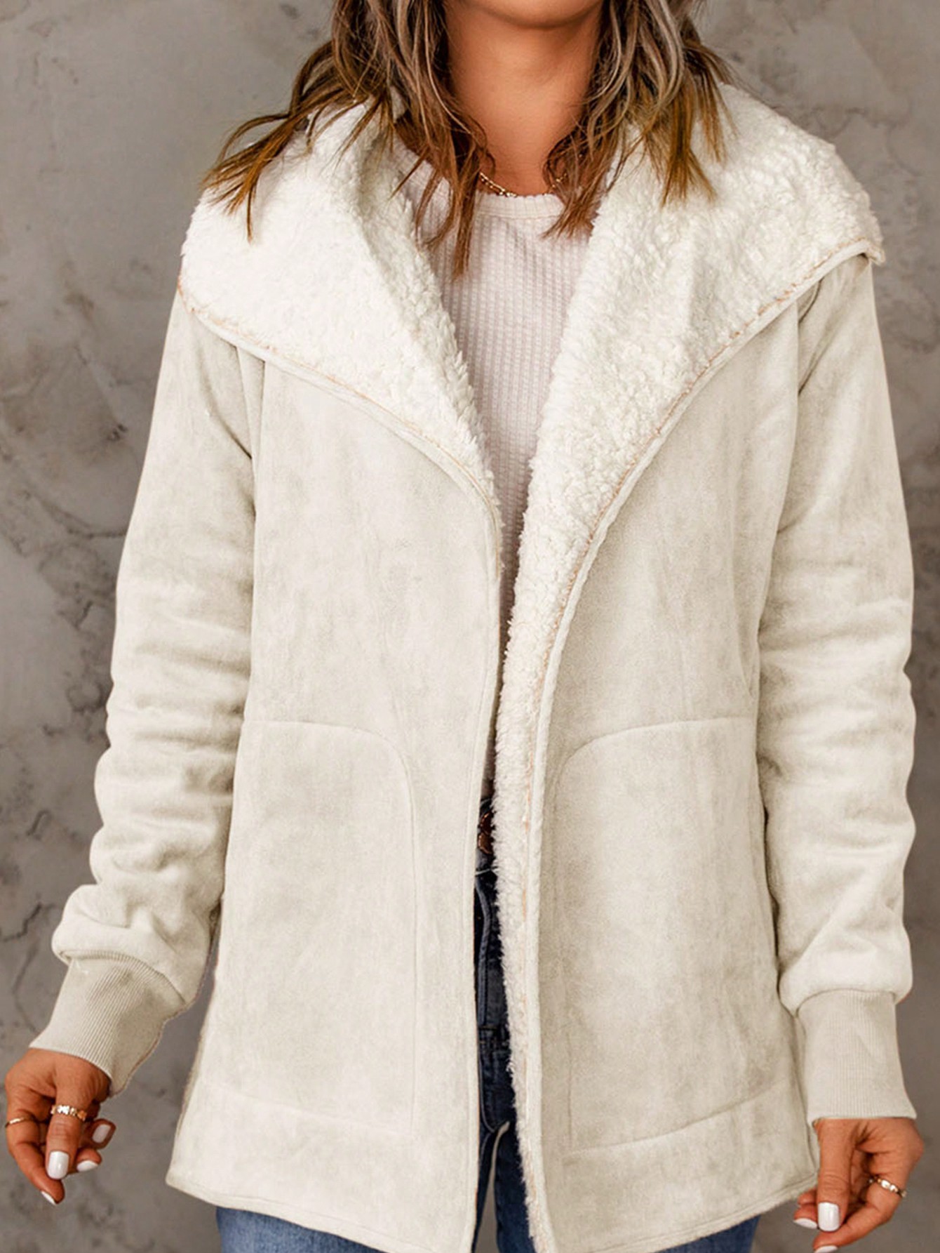 Acelitt Waterfall Collar Teddy Lined Slant Pocket Coat