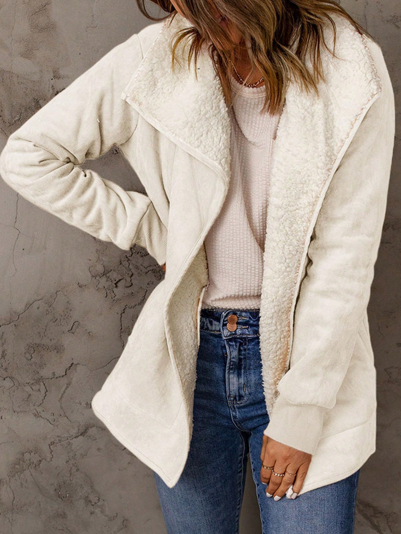 Acelitt Waterfall Collar Teddy Lined Slant Pocket Coat