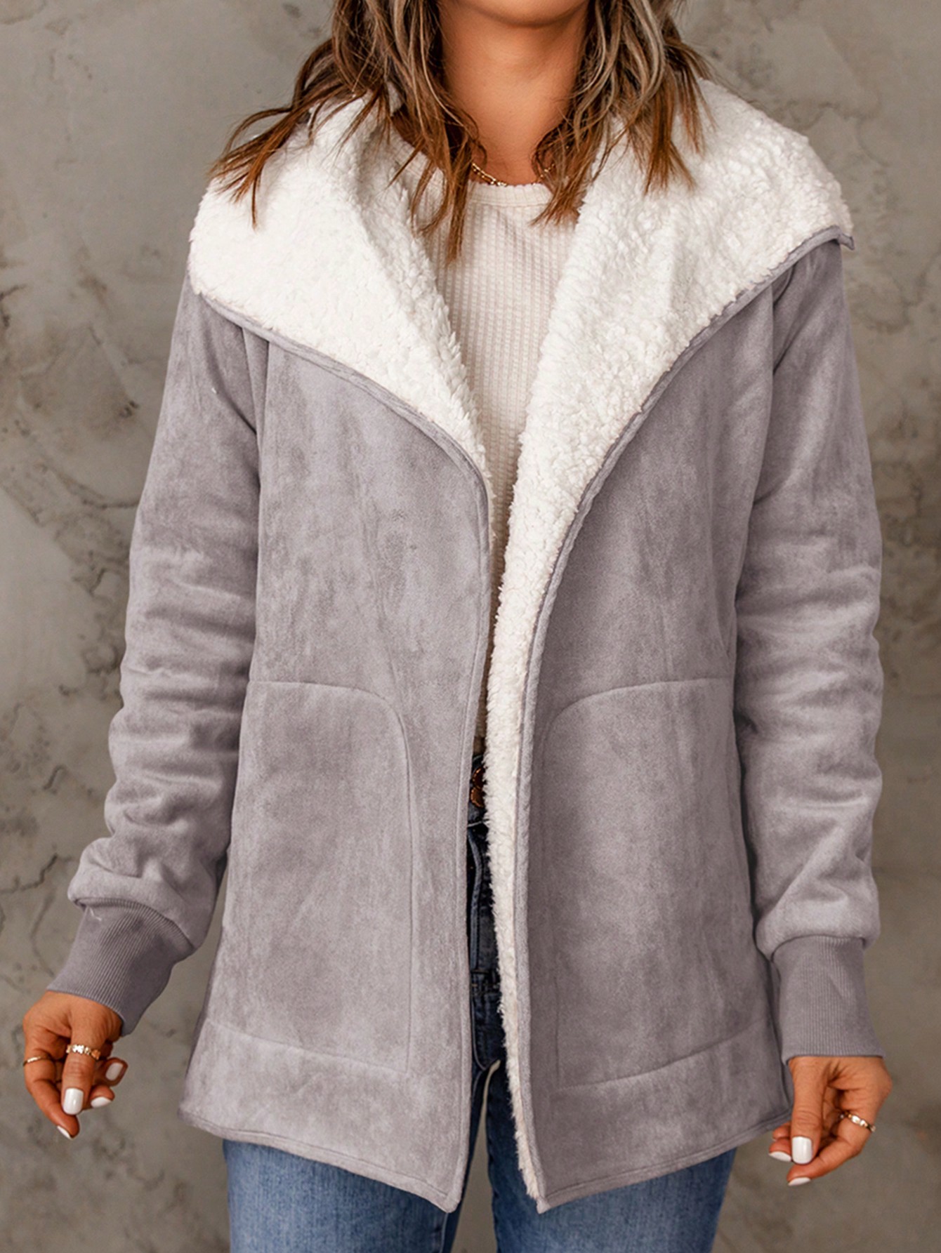 Acelitt Waterfall Collar Teddy Lined Slant Pocket Coat