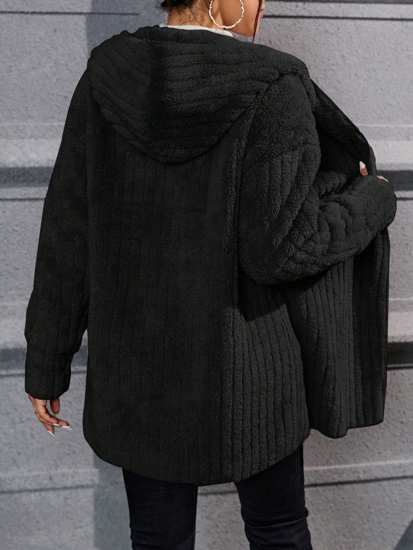 Drop Shoulder Hooded Open Front Flannel Coat