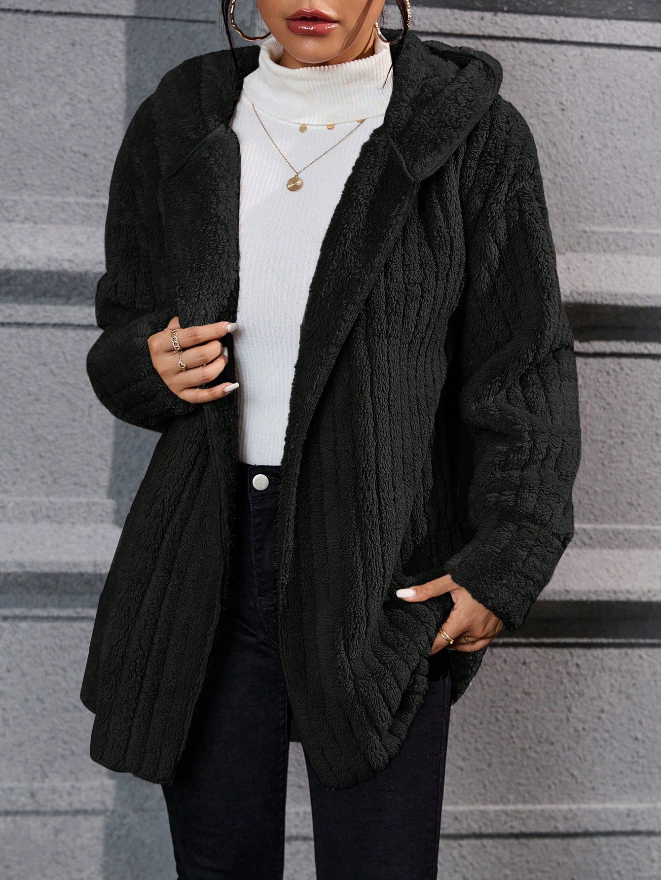 Drop Shoulder Hooded Open Front Flannel Coat